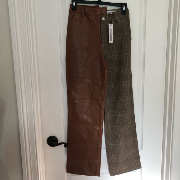 Steve Madden Women’s Dual Tone Pants Straight Leg Plaid One Side Brown Size 24 - Picture 5 of 12